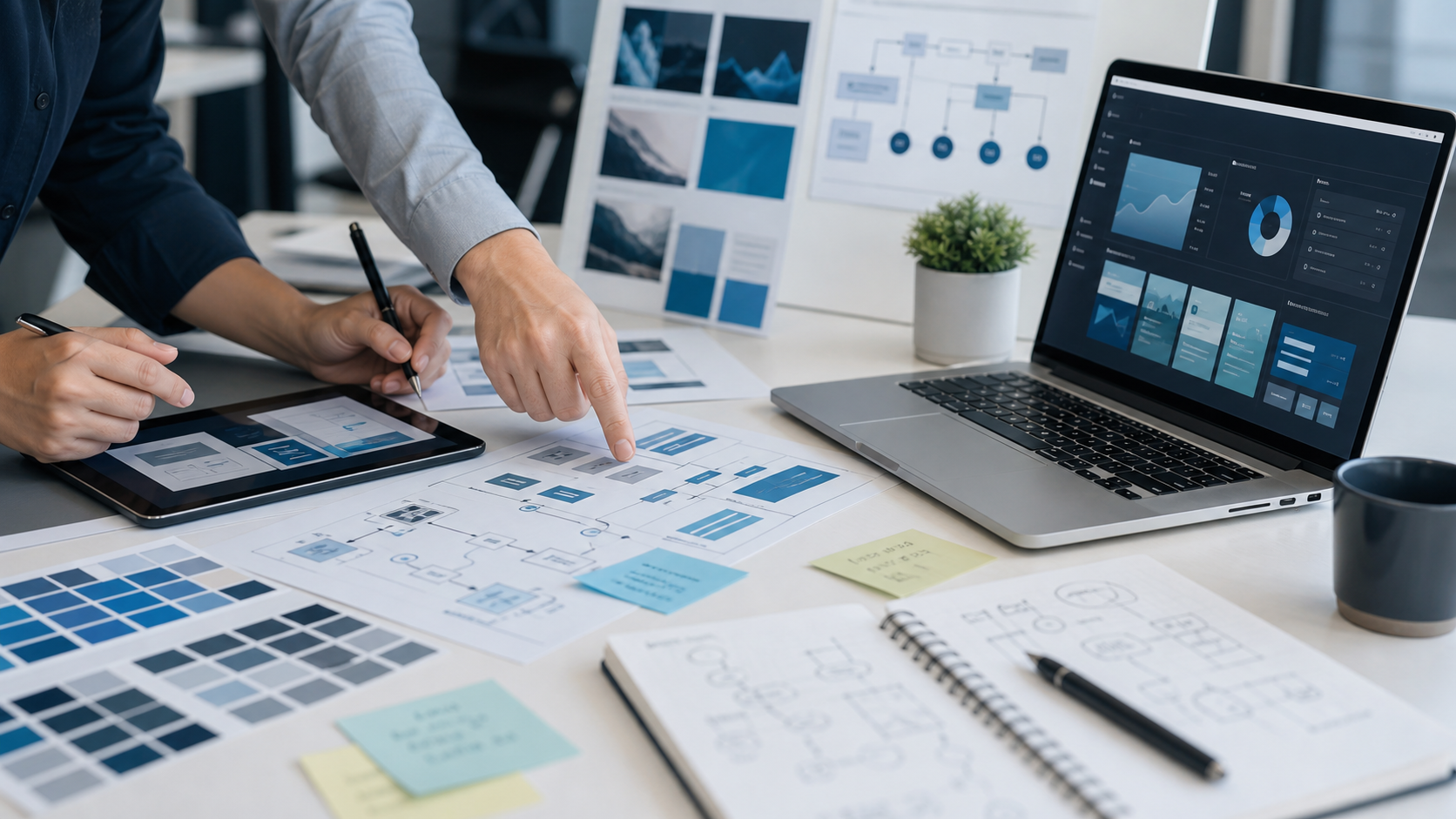 Digital strategy workspace with product planning, brand systems, and analytics